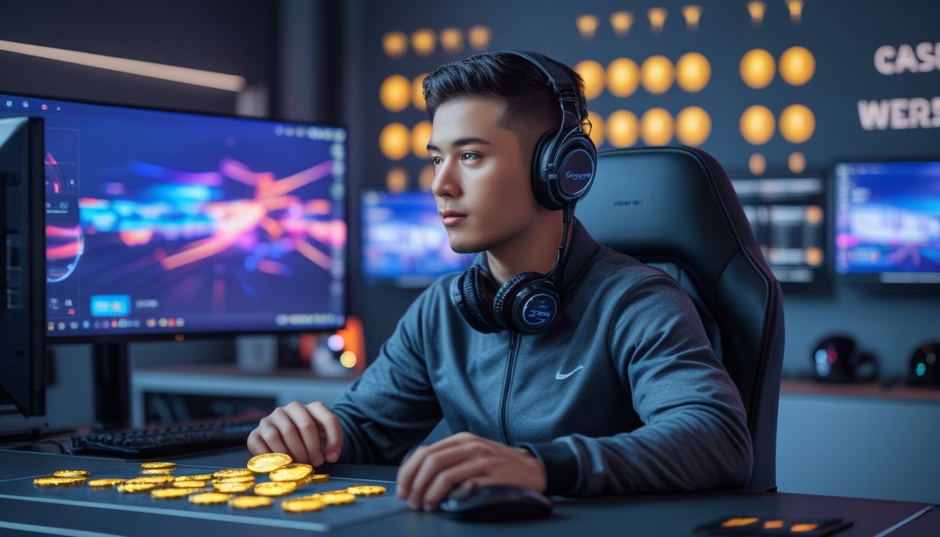 Pemain esports duduk di depan komputer dengan ilustrasi hadiah cashback digital dan koin bercahaya.