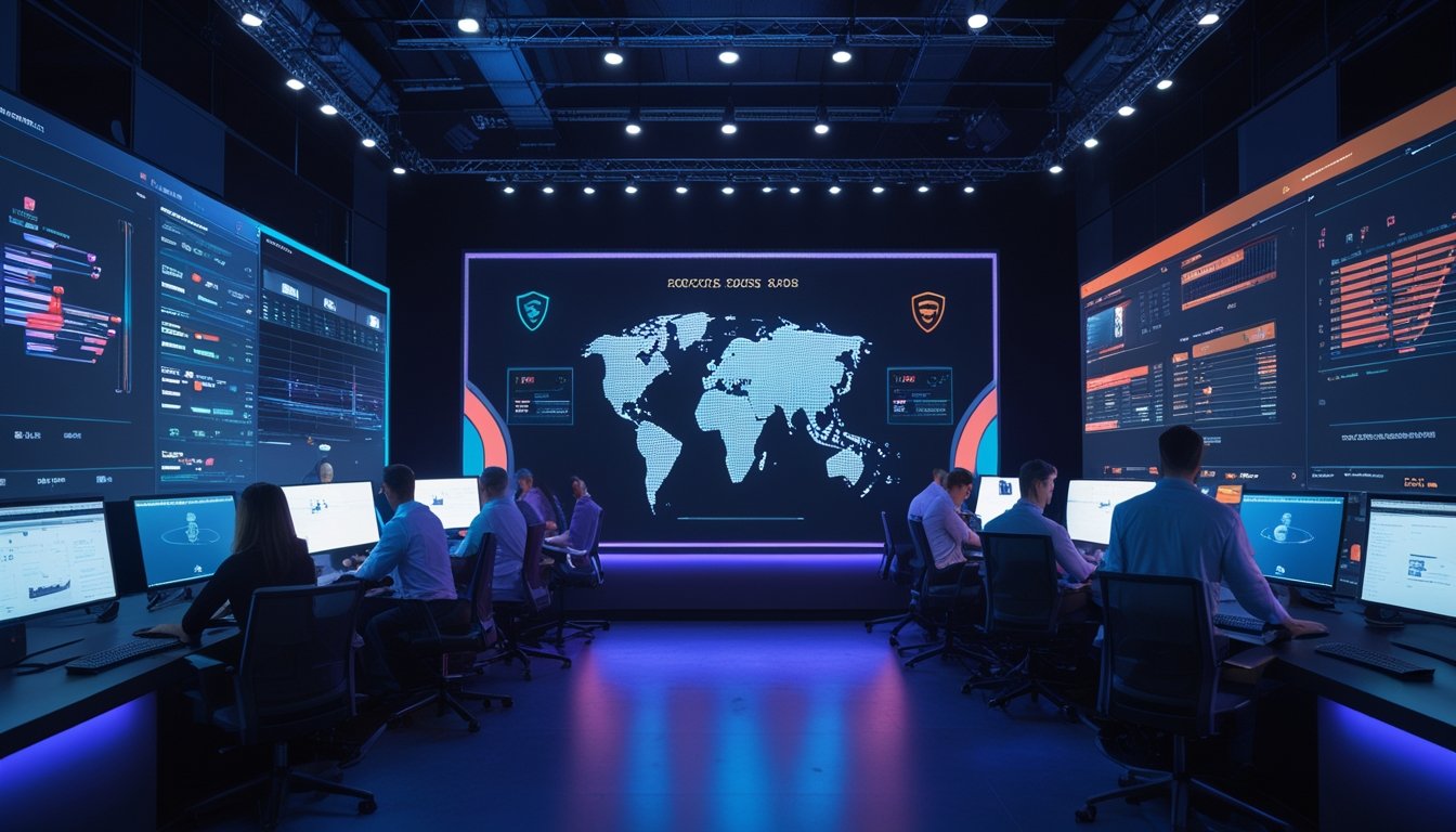 Sekelompok profesional bekerja di ruang studio esports modern dengan layar pertandingan dan simbol keamanan digital.