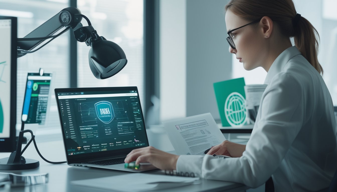 Analis kepatuhan memeriksa dashboard digital, dokumen, dan simbol keamanan di kantor modern.