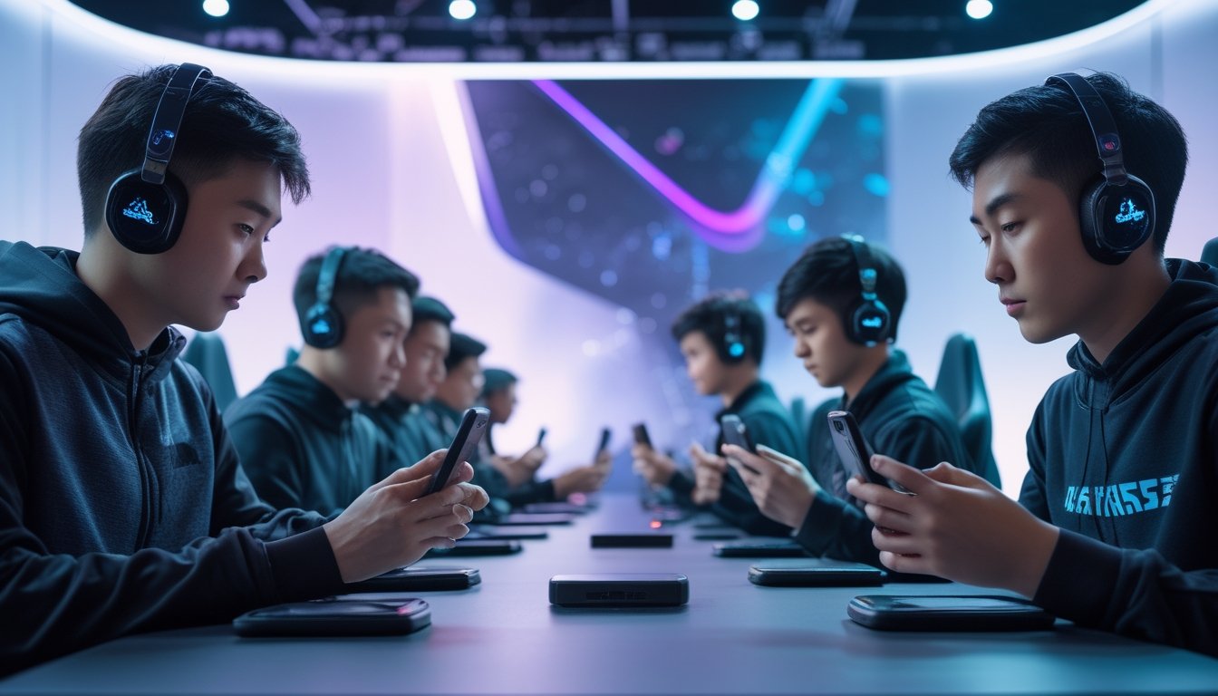 Sekelompok pemain esports dewasa muda bermain gim mobile secara kompetitif di studio gaming modern.