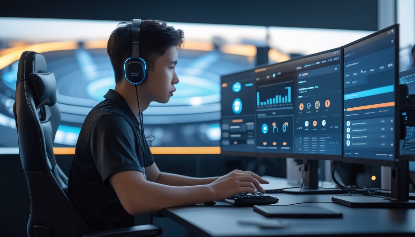Seorang pemain esports dewasa membandingkan beberapa pilihan agen digital melalui monitor di ruang kerja modern.