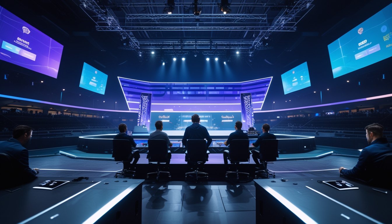 Arena esports futuristik dengan dua tim dewasa bertanding di atas panggung dan penonton menyaksikan dari tribun.