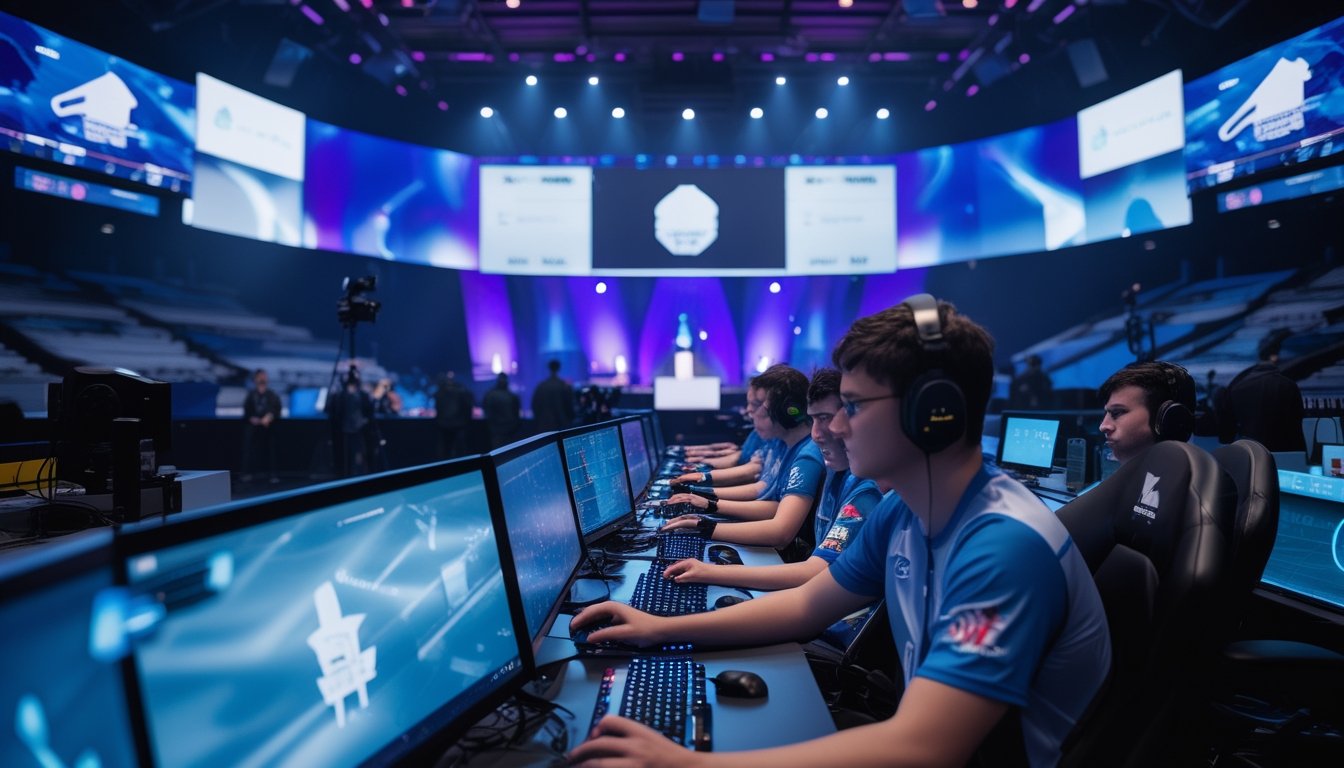 Pemain esports bertanding di arena turnamen besar dengan panggung bercahaya dan layar pertandingan.