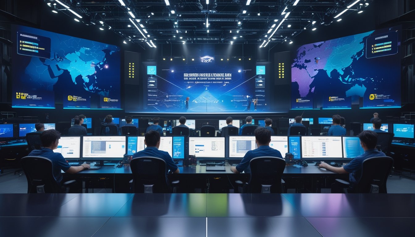 Tim profesional esports Asia Tenggara bekerja di ruang analitik dengan layar statistik turnamen dan panggung pertandingan di latar belakang.