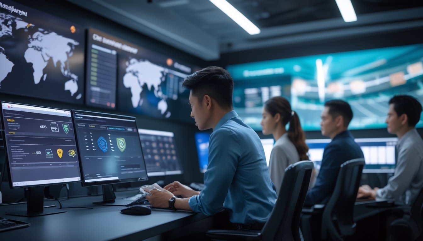 Sekelompok profesional Asia Tenggara memeriksa keamanan dan keabsahan platform esports di ruang kerja modern.