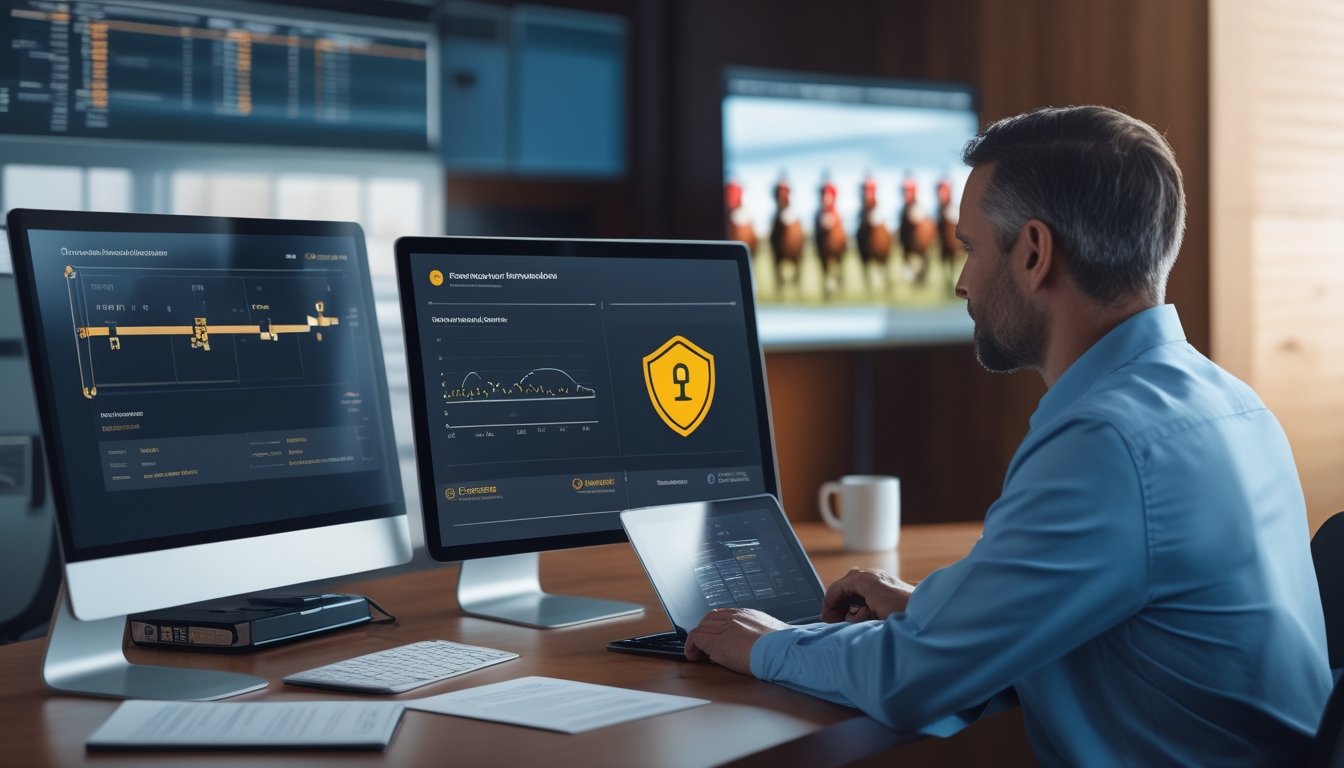 Analis memeriksa keamanan dan kredibilitas platform pacuan kuda daring di ruang kerja modern.