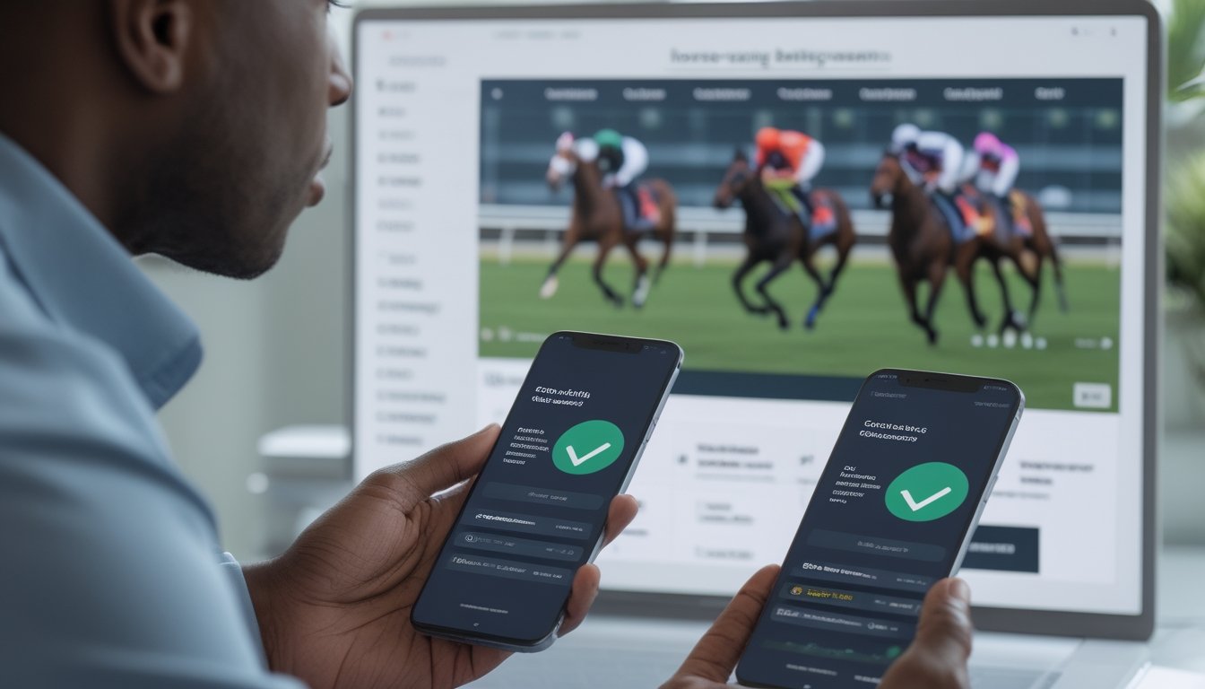 Seorang pengguna memeriksa platform balap kuda pada ponsel dengan latar arena pacuan kuda.