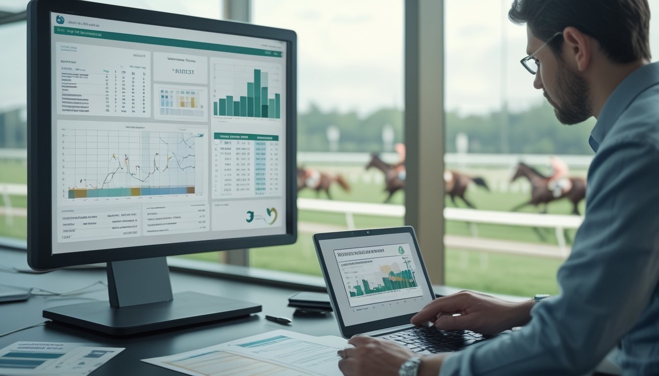 Analis memeriksa data performa balap kuda di ruang kerja dengan lintasan balap terlihat di latar belakang.