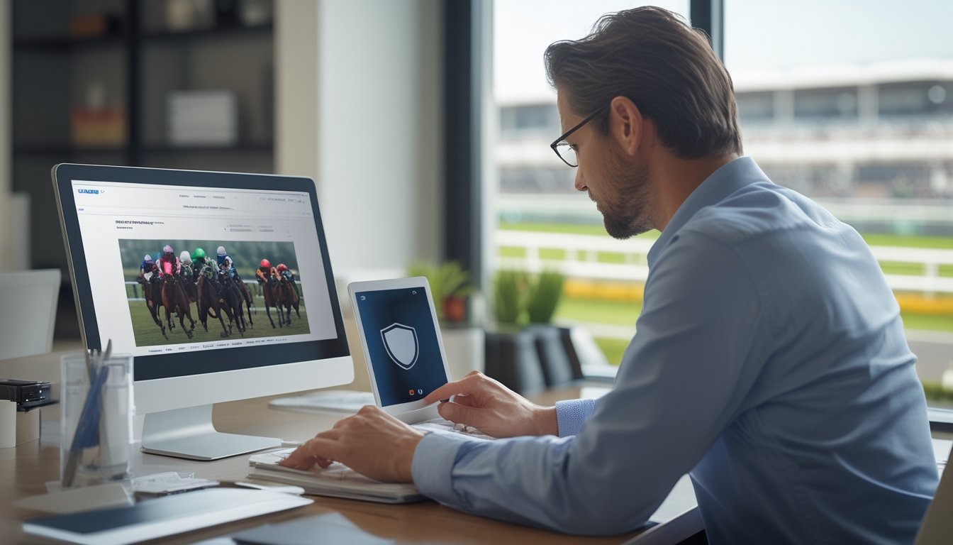 Seorang dewasa meninjau balap kuda daring di laptop dari ruang kerja modern, dengan arena balap terlihat di latar belakang.
