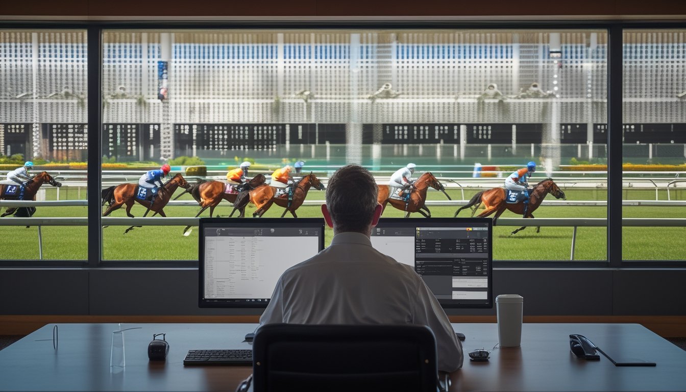 Seorang bettor mengamati pacuan kuda dari laptop sementara kuda-kuda berlomba di lintasan.