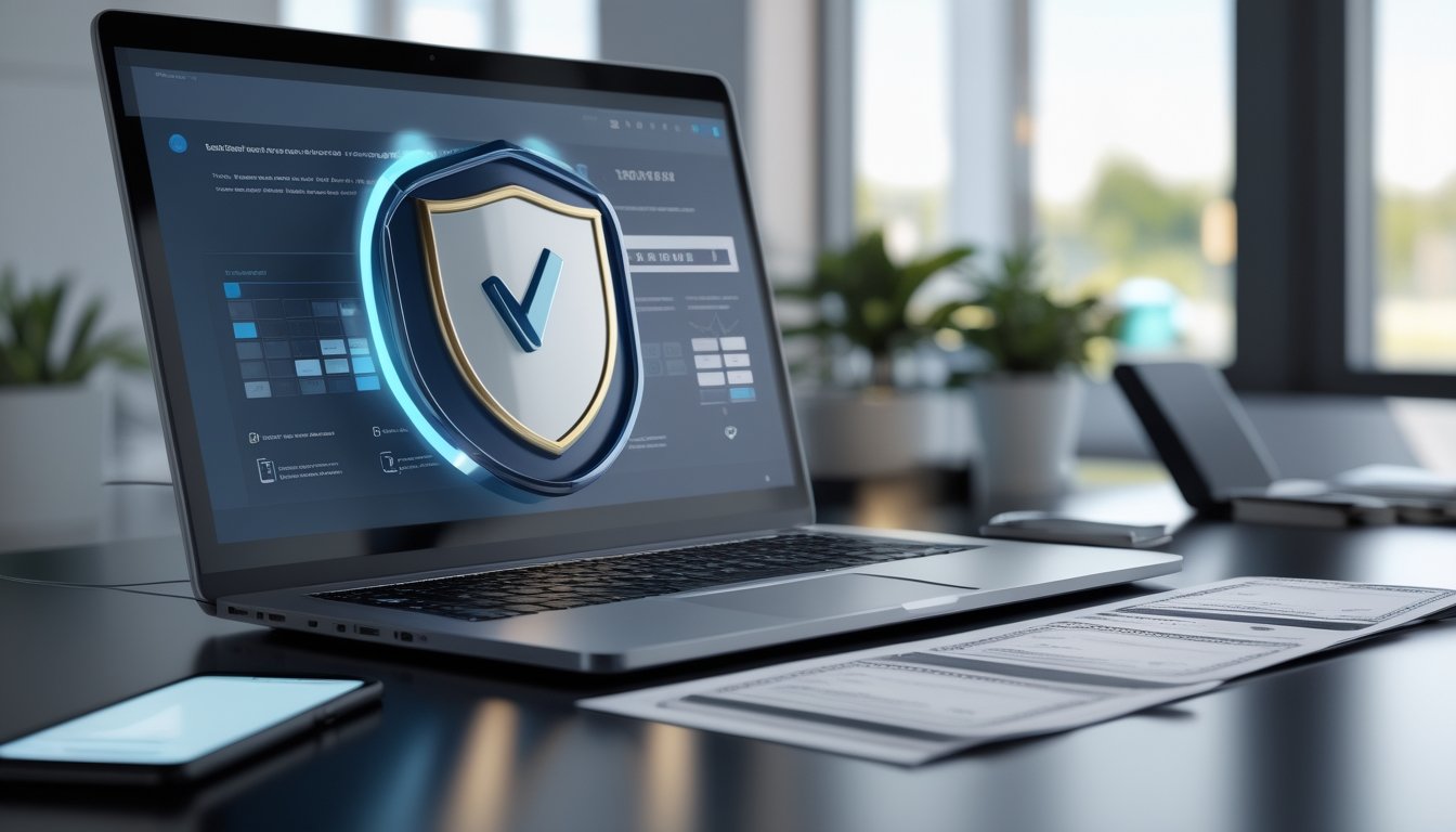 Meja kerja modern dengan laptop, dokumen kosong, dan simbol perisai sebagai tanda verifikasi serta kepercayaan.