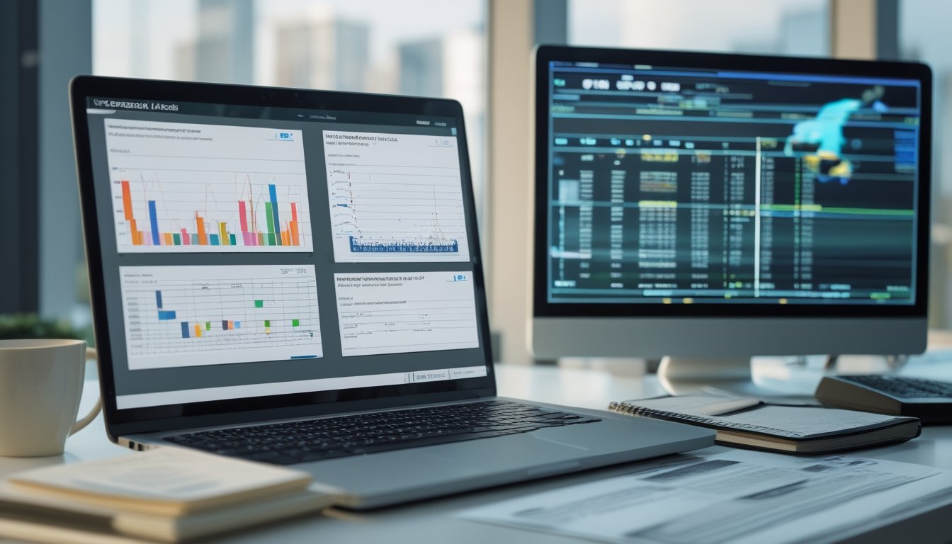 Seorang analis mempelajari grafik dan data performa balap kuda di meja kerja modern.