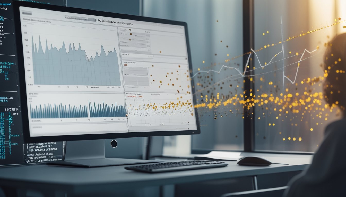 Analis data memeriksa grafik abstrak dan pola acak pada layar komputer di ruang kerja modern.