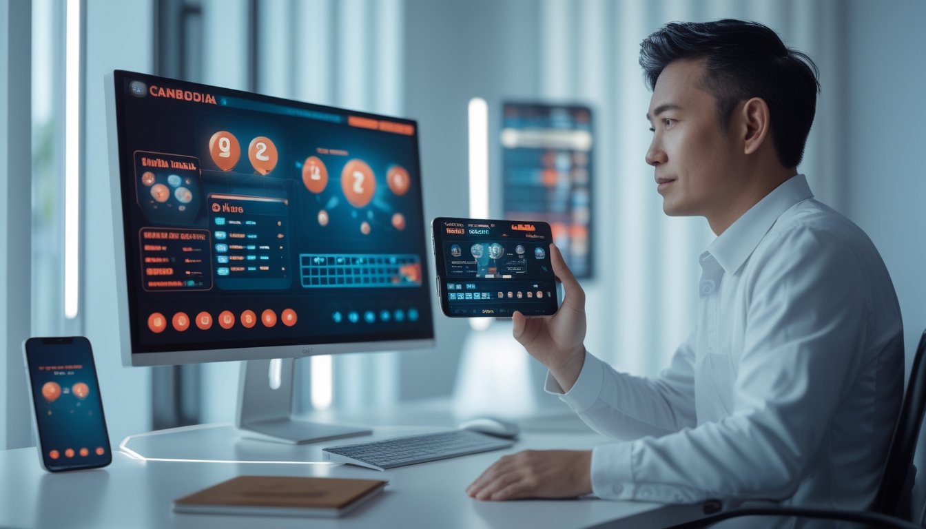Seorang profesional memeriksa tampilan hasil undian digital pada komputer dan ponsel di meja modern.