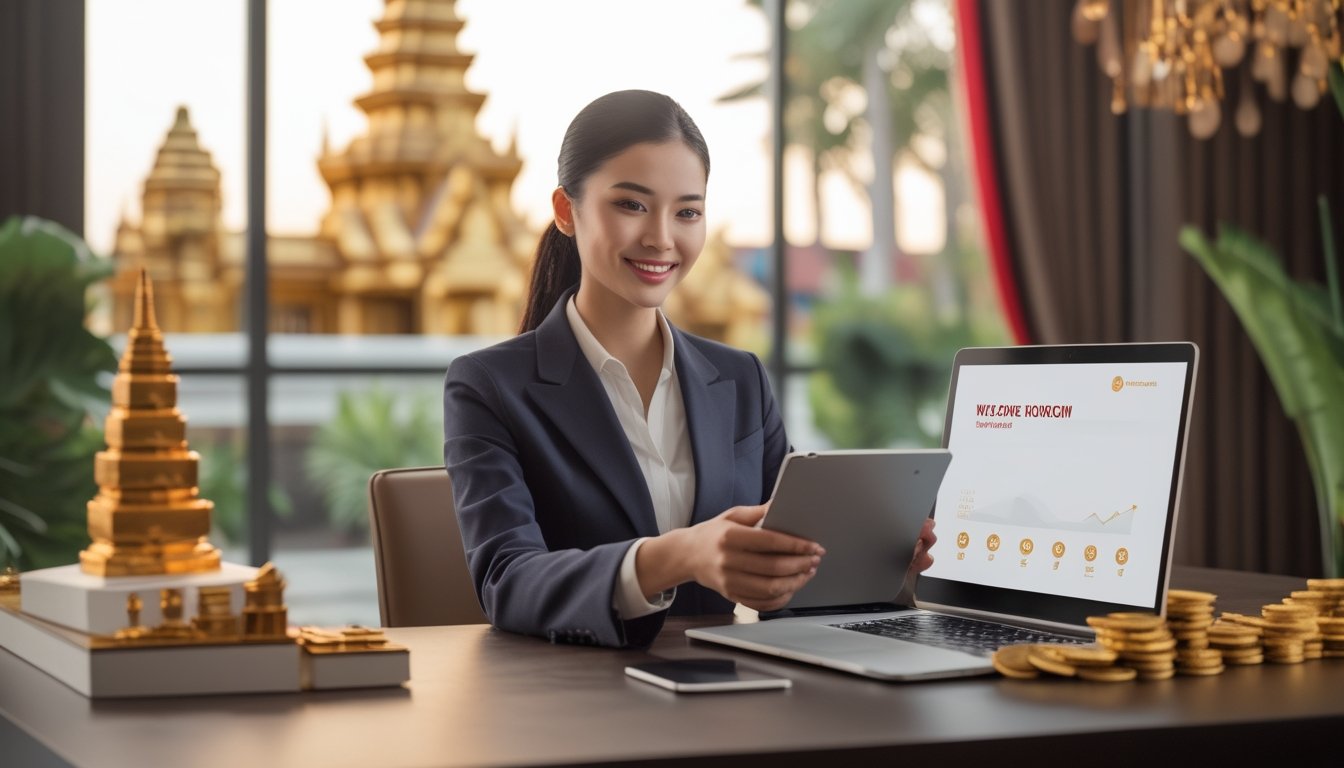 Seorang profesional tersenyum meninjau promosi digital di ruang kerja modern dengan latar bernuansa Kamboja.