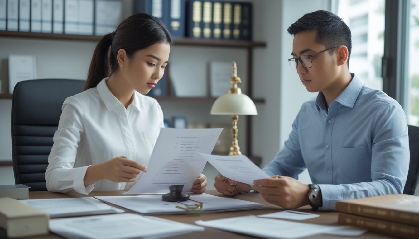 Seorang penasihat hukum dan klien membahas dokumen risiko di kantor modern.
