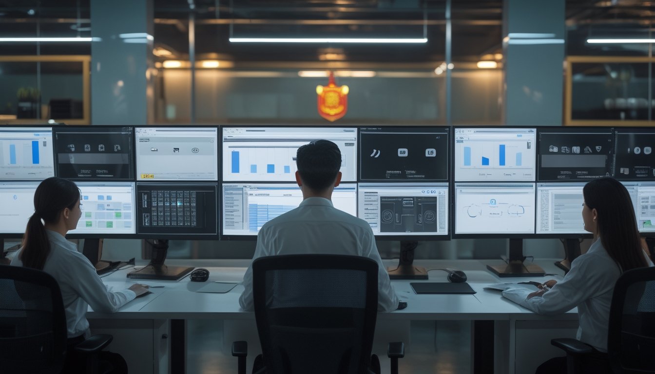 Tim profesional memantau sistem digital aman di ruang operasi modern pada malam hari.