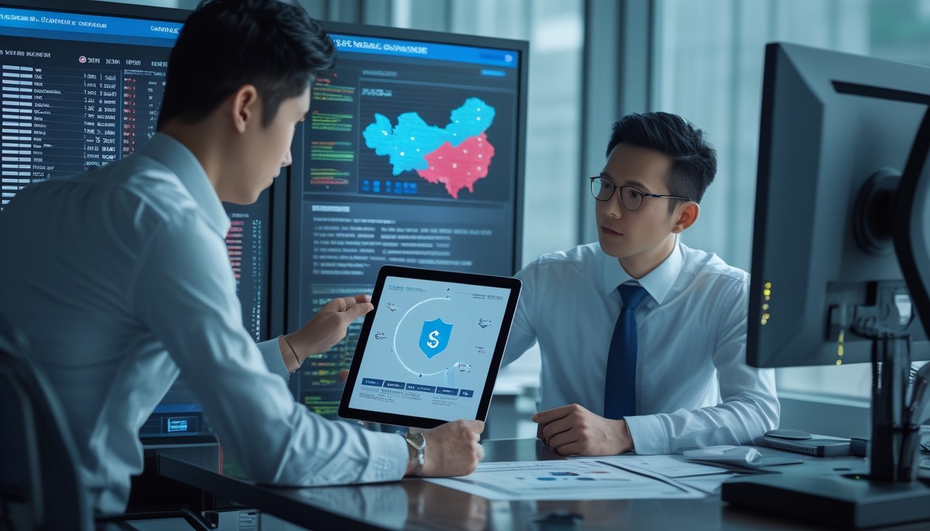 Dua profesional meninjau data risiko, keamanan digital, dan kepatuhan regulasi di ruang kerja modern.