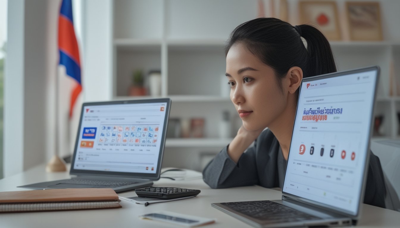 Orang dewasa melihat tampilan lotre digital di laptop di ruang kerja modern.
