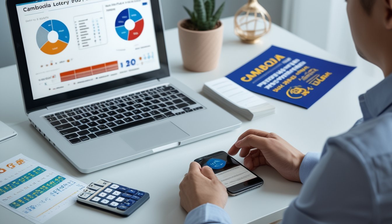 Seorang analis memeriksa data angka dan grafik pada meja kerja modern dengan sentuhan warna Kamboja.