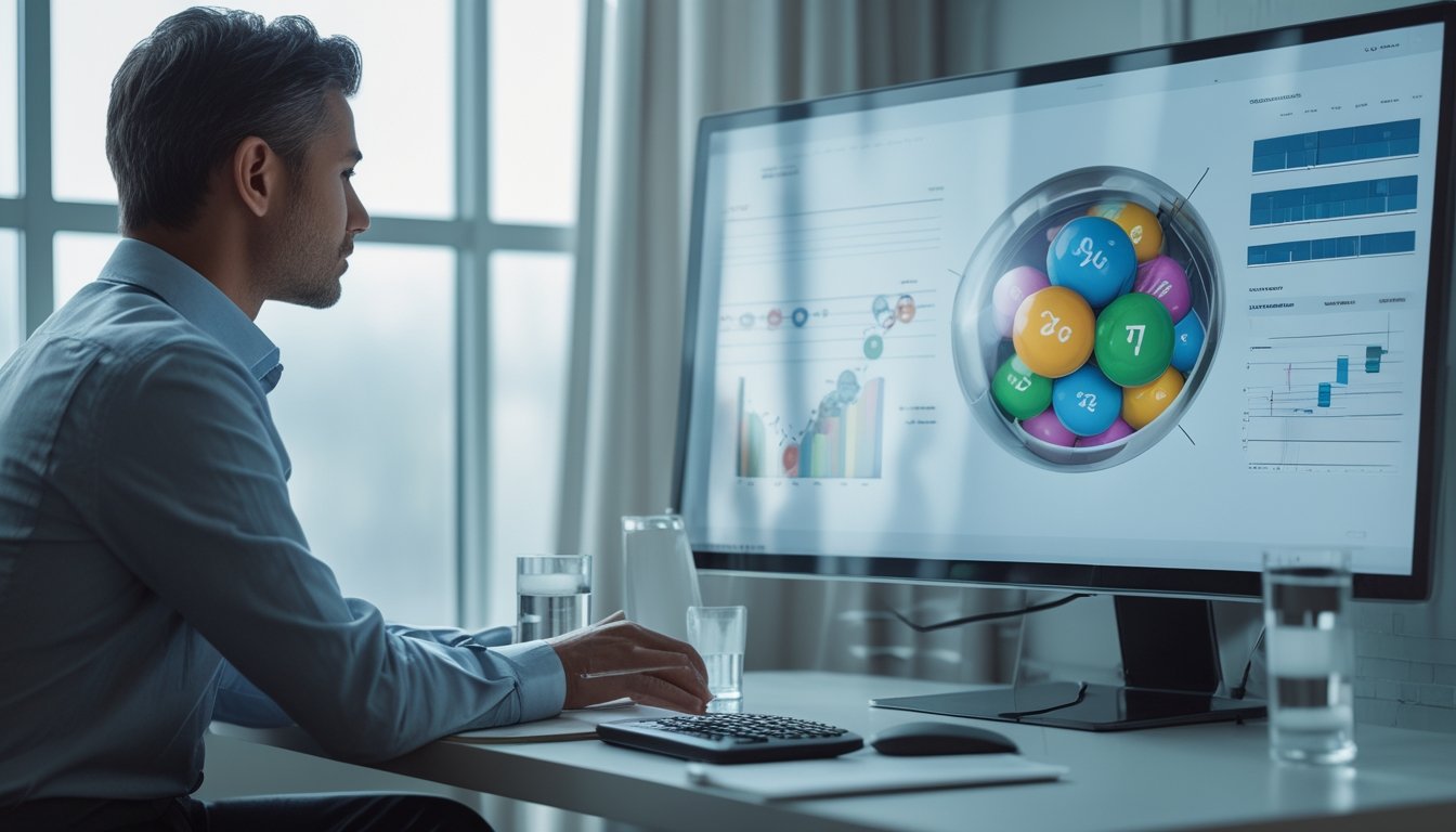 Seorang analis mempelajari visualisasi probabilitas abstrak di layar komputer dengan bola undian dan grafik statistik.