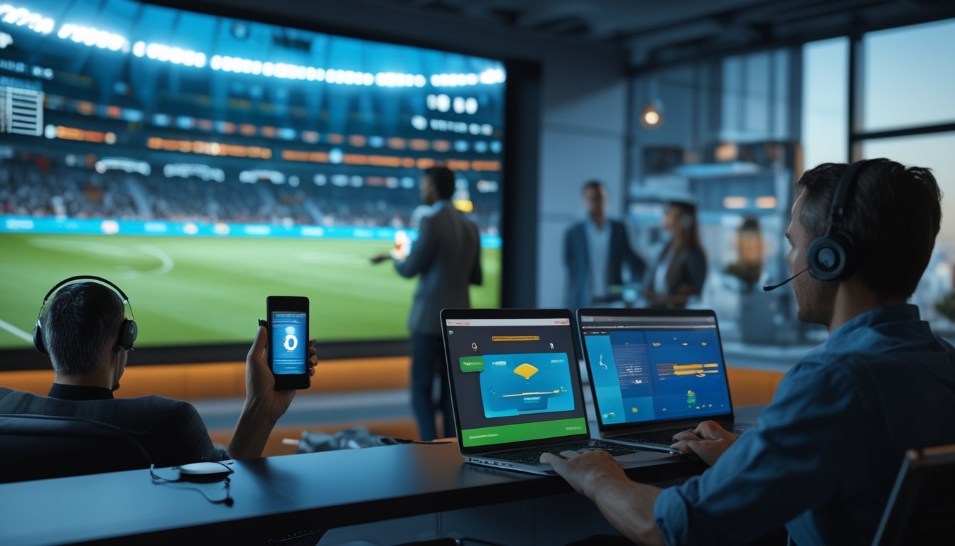 Sekelompok orang menonton pertandingan sepak bola melalui layar besar sambil menggunakan laptop dan ponsel dengan dukungan digital.