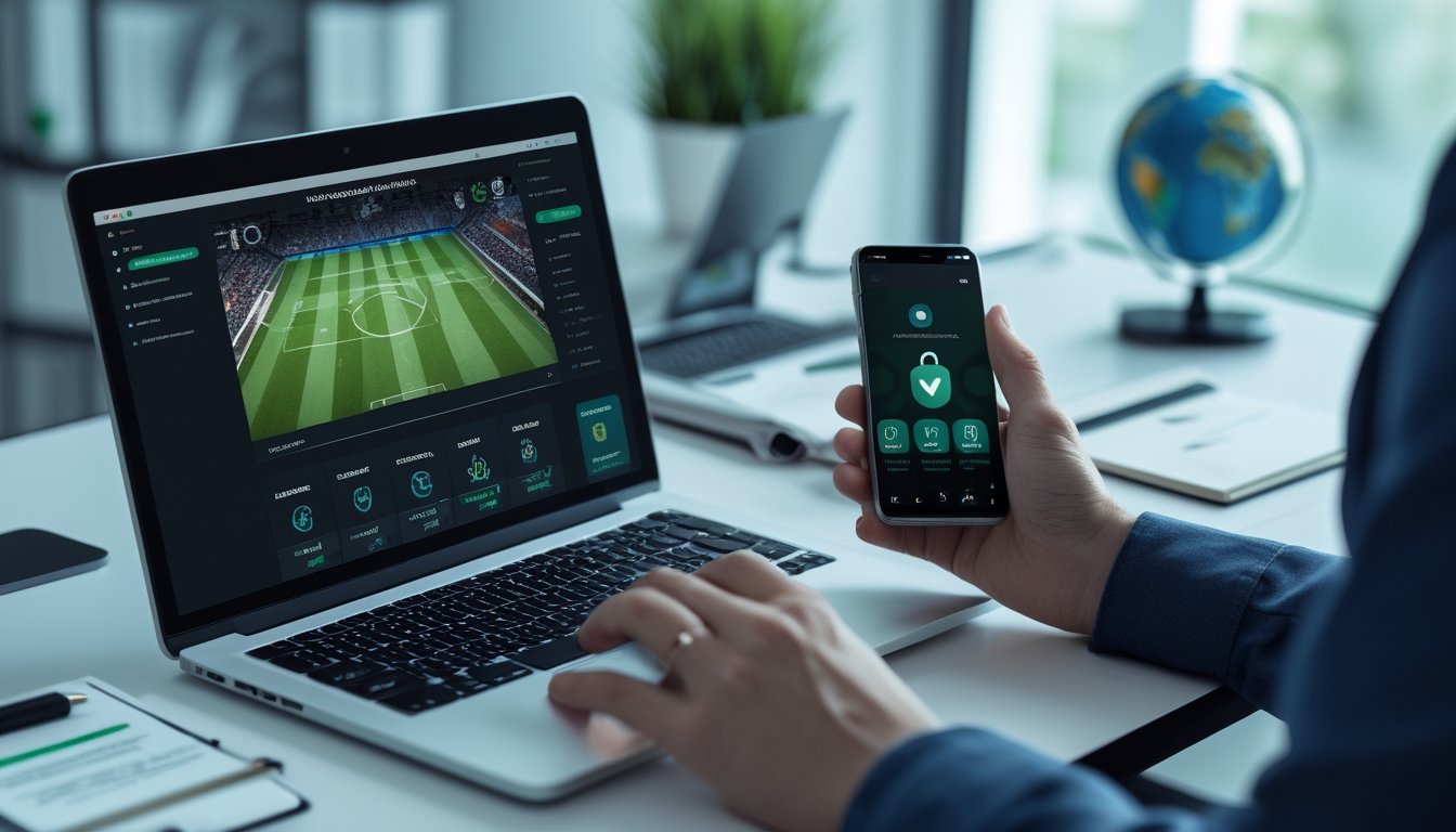 Seseorang memeriksa laptop dan ponsel yang menampilkan siaran pertandingan olahraga serta simbol keamanan digital.