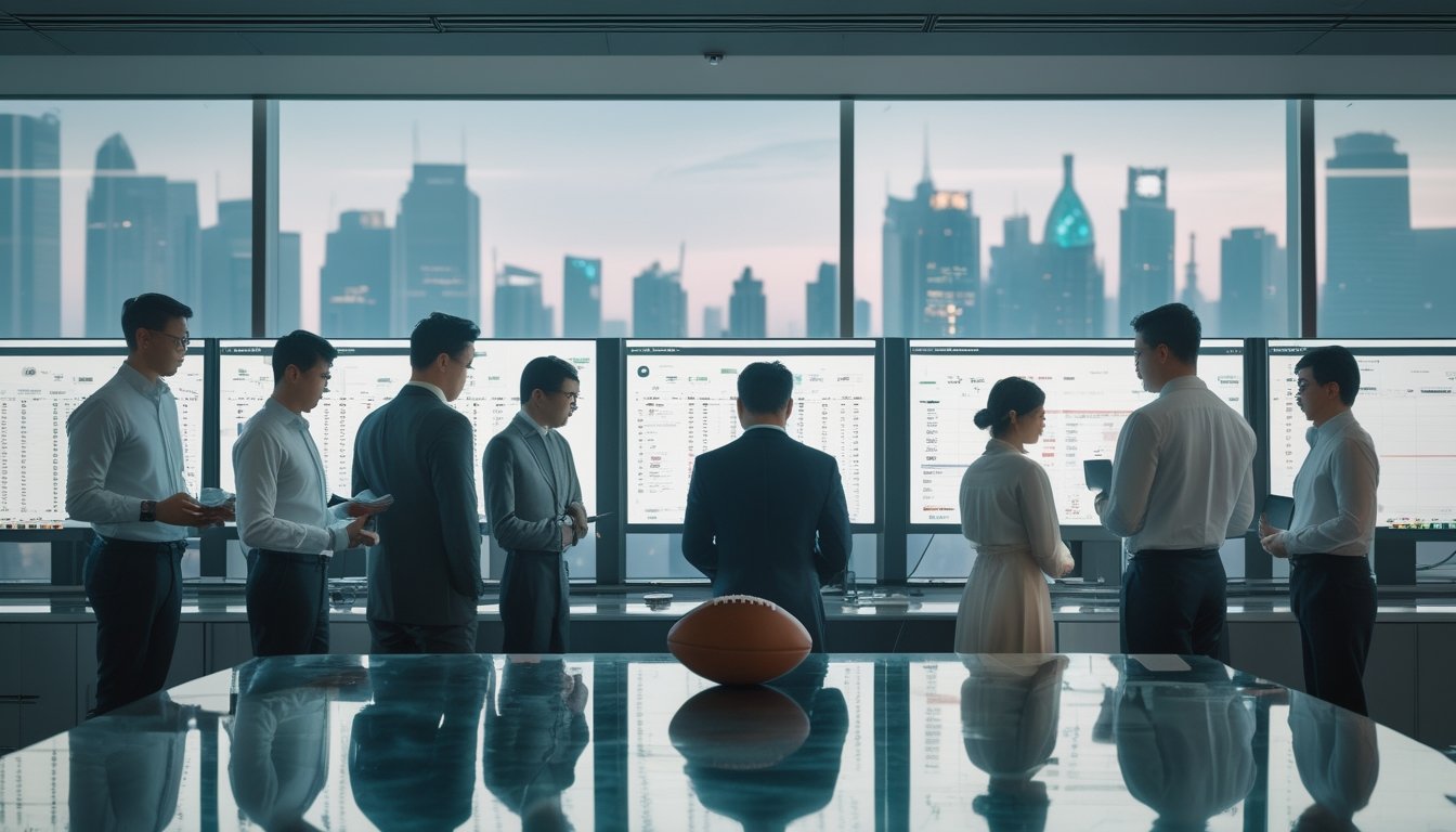 Sekelompok profesional Asia menganalisis data pertandingan sepak bola di kantor modern dengan bola sepak di atas meja.