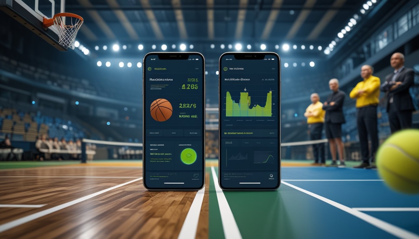 Perangkat digital menampilkan analisis pertandingan basket dan tenis di samping lapangan olahraga.