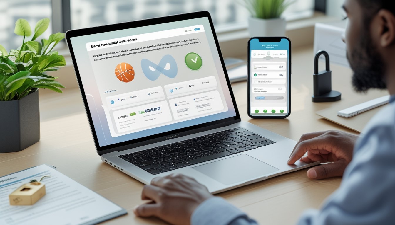 Seseorang memeriksa keamanan platform taruhan olahraga di laptop dengan simbol perisai, ponsel, dan perlengkapan kerja di meja.