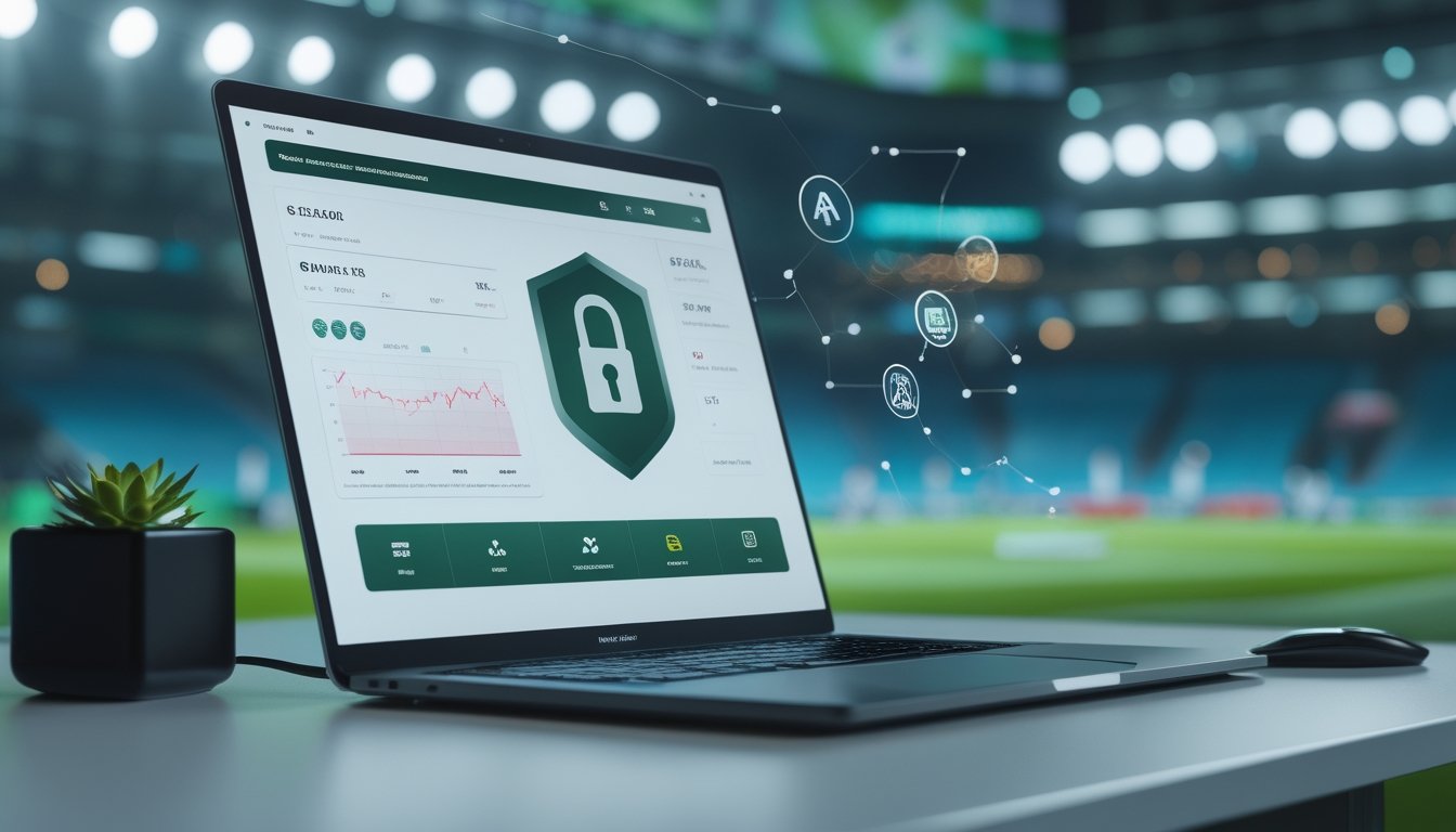 Laptop dan ponsel menampilkan antarmuka analisis olahraga dengan simbol keamanan, berlatar suasana stadion yang samar.