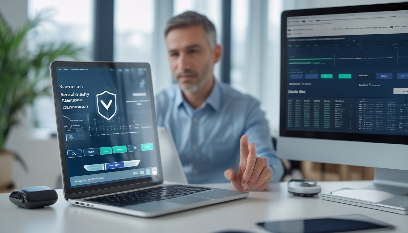 Orang dewasa memeriksa platform olahraga daring dengan simbol keamanan di laptop dan ponsel.