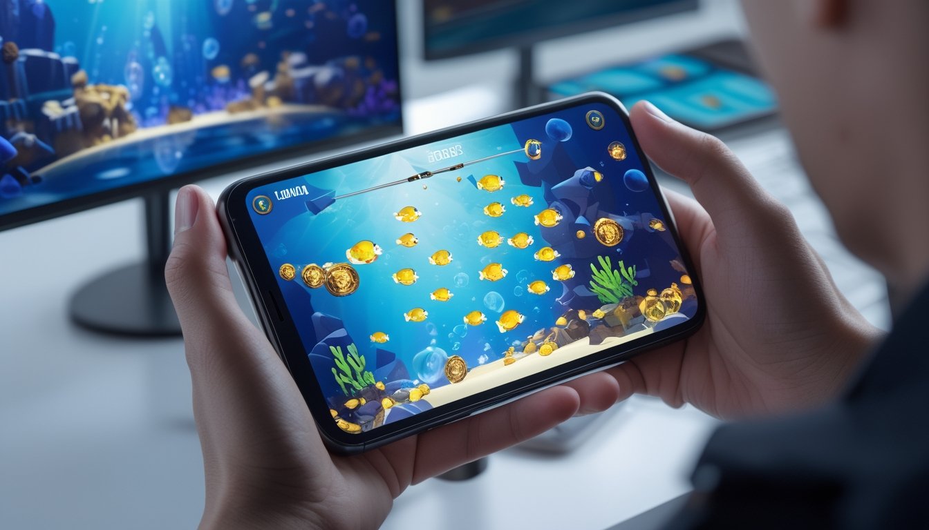 Seseorang memainkan permainan menembak ikan bawah laut di ponsel Android.
