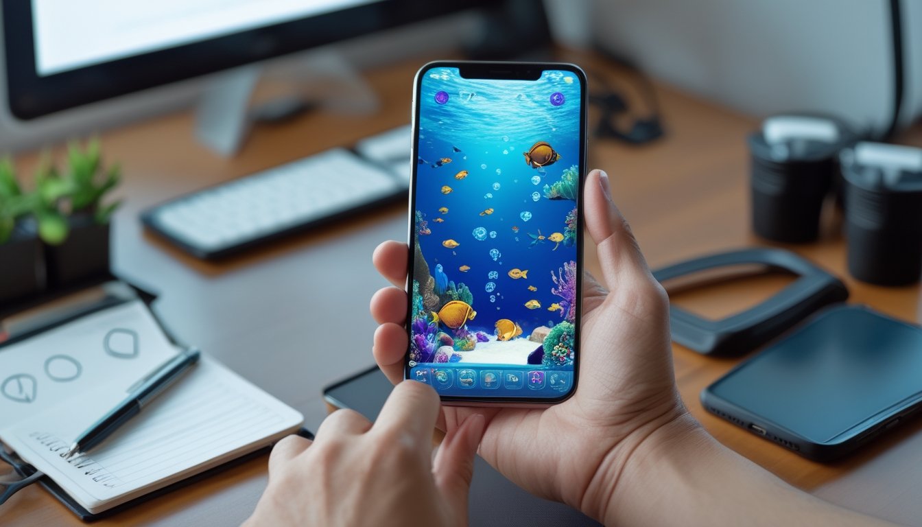 Tangan memegang ponsel yang menampilkan permainan ikan warna-warni di lingkungan bawah laut.