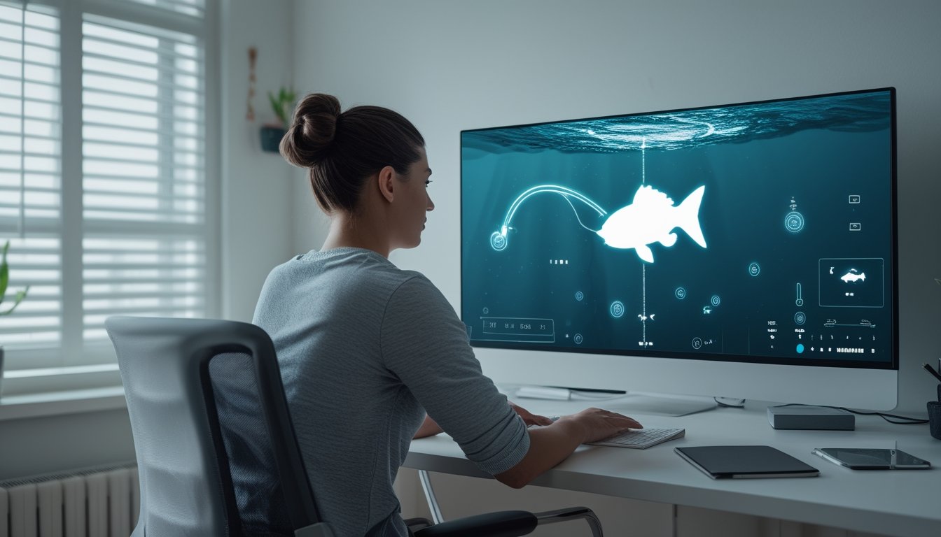 Seorang pemain berkonsentrasi melihat layar berisi adegan ikan besar di lingkungan kantor rumah yang modern.