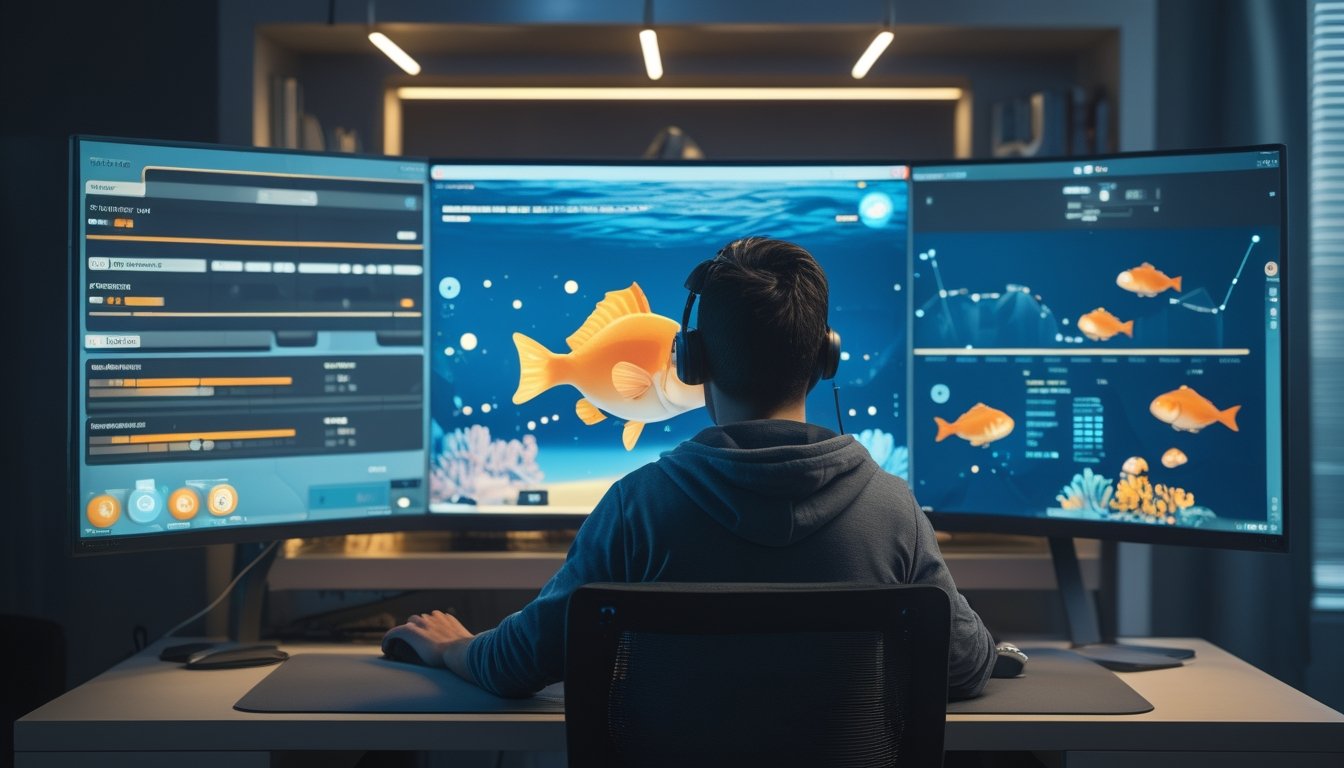 Pemain mengamati permainan menembak ikan besar dengan grafik analitik di layar komputer.