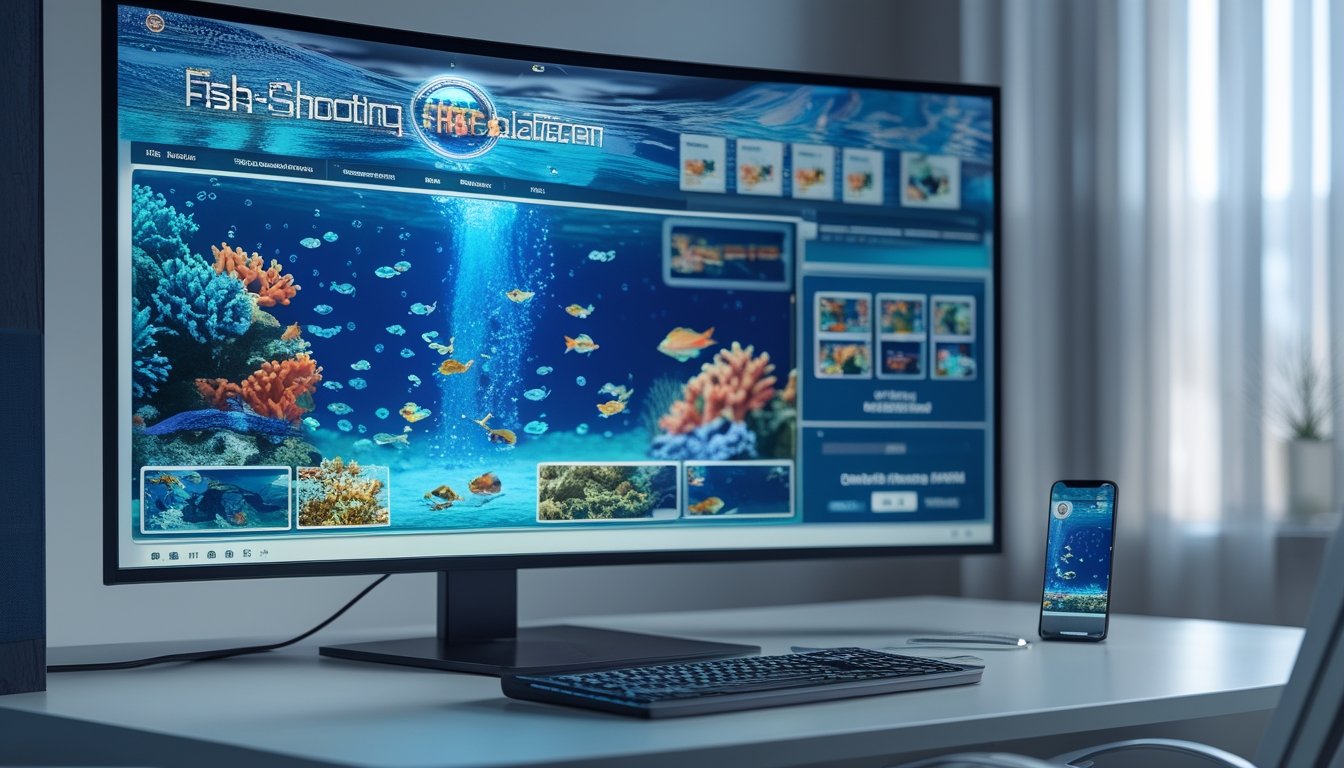 Monitor dan ponsel menampilkan permainan menembak ikan bertema bawah laut di atas meja modern.