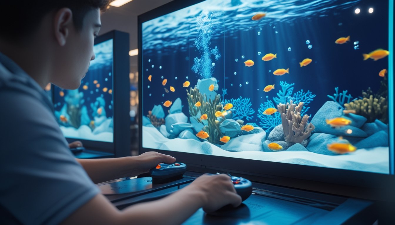 Seseorang memainkan permainan tembak ikan di depan layar besar dengan pemandangan bawah laut berwarna-warni.
