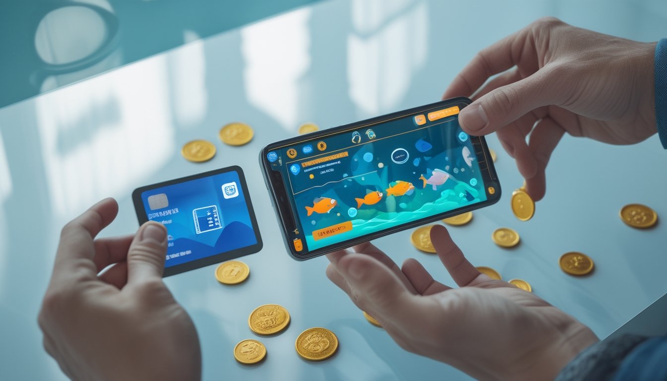 Seseorang menggunakan ponsel untuk melakukan pembayaran dalam permainan memancing digital.