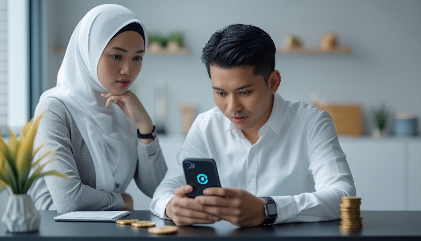 Orang dewasa memeriksa transaksi digital dengan hati-hati di ponsel di ruang kerja modern.