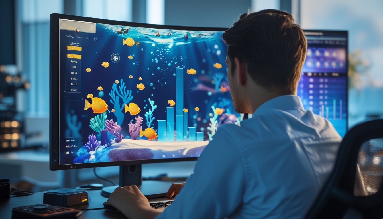 Seseorang memainkan permainan tembak ikan digital dengan tampilan grafik performa di layar komputer.
