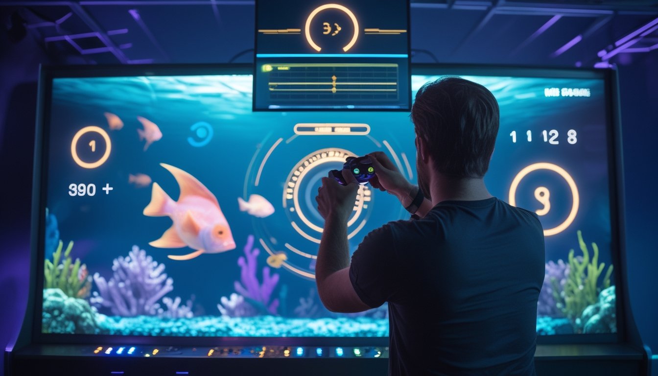 Pemain mengarahkan kontroler arcade ke ikan berwarna-warni di layar permainan bawah laut.