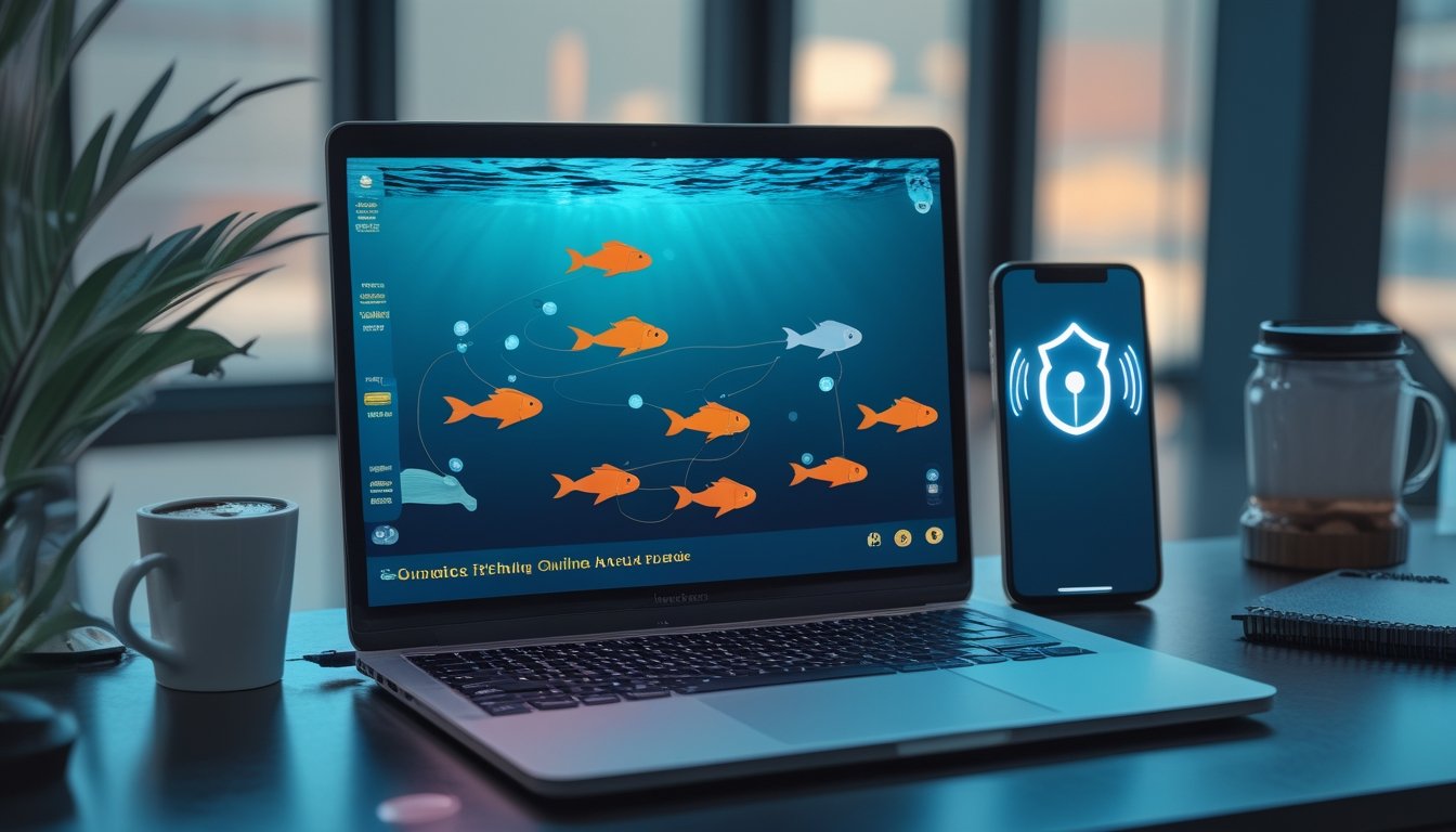 Laptop dan ponsel menampilkan ilustrasi permainan memancing digital dengan simbol koneksi aman di meja kerja modern.