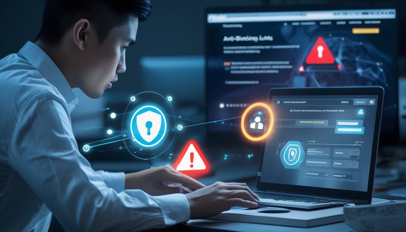 Seseorang memeriksa ponsel dan laptop dengan simbol peringatan keamanan digital.