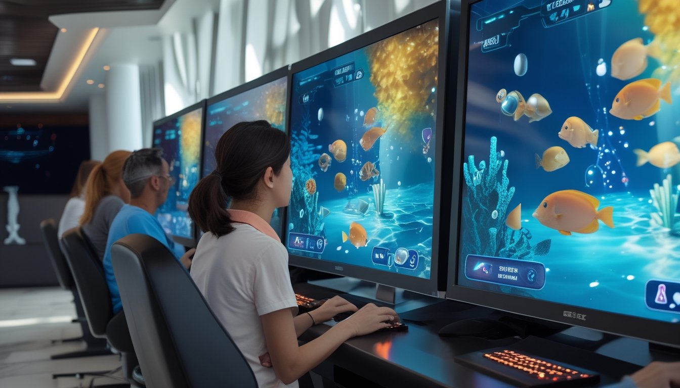 Beberapa pemain dewasa bermain permainan tembak ikan multiplayer di stasiun permainan dengan layar bertema bawah laut.