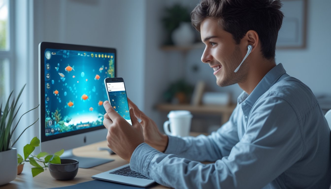 Seorang pemula belajar memainkan permainan menembak ikan online menggunakan ponsel di meja.