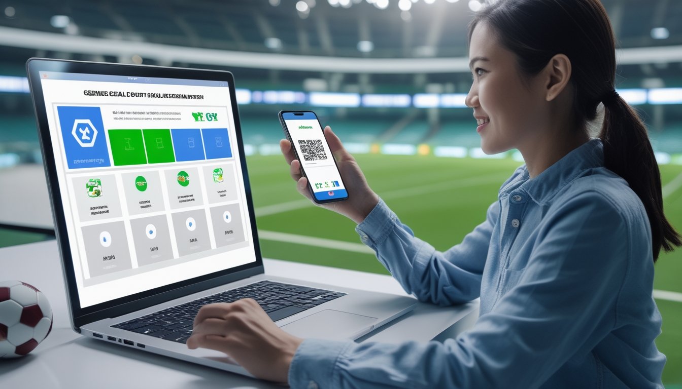 Dua orang dewasa menggunakan laptop dan ponsel untuk mengakses platform sepak bola dan pembayaran digital di meja modern.