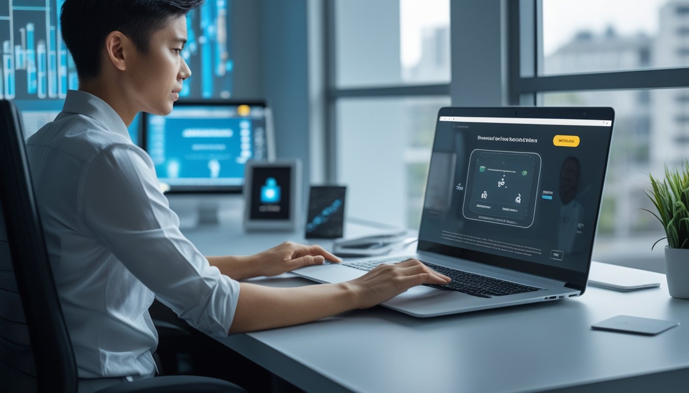 Orang dewasa memeriksa keamanan platform olahraga digital di laptop dengan ponsel dan simbol pembayaran aman di meja.