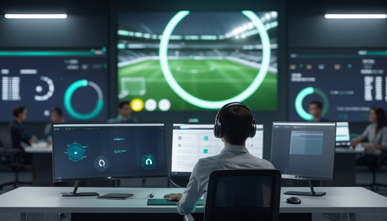 Petugas layanan pelanggan memakai headset bekerja di pusat dukungan modern dengan latar stadion sepak bola.