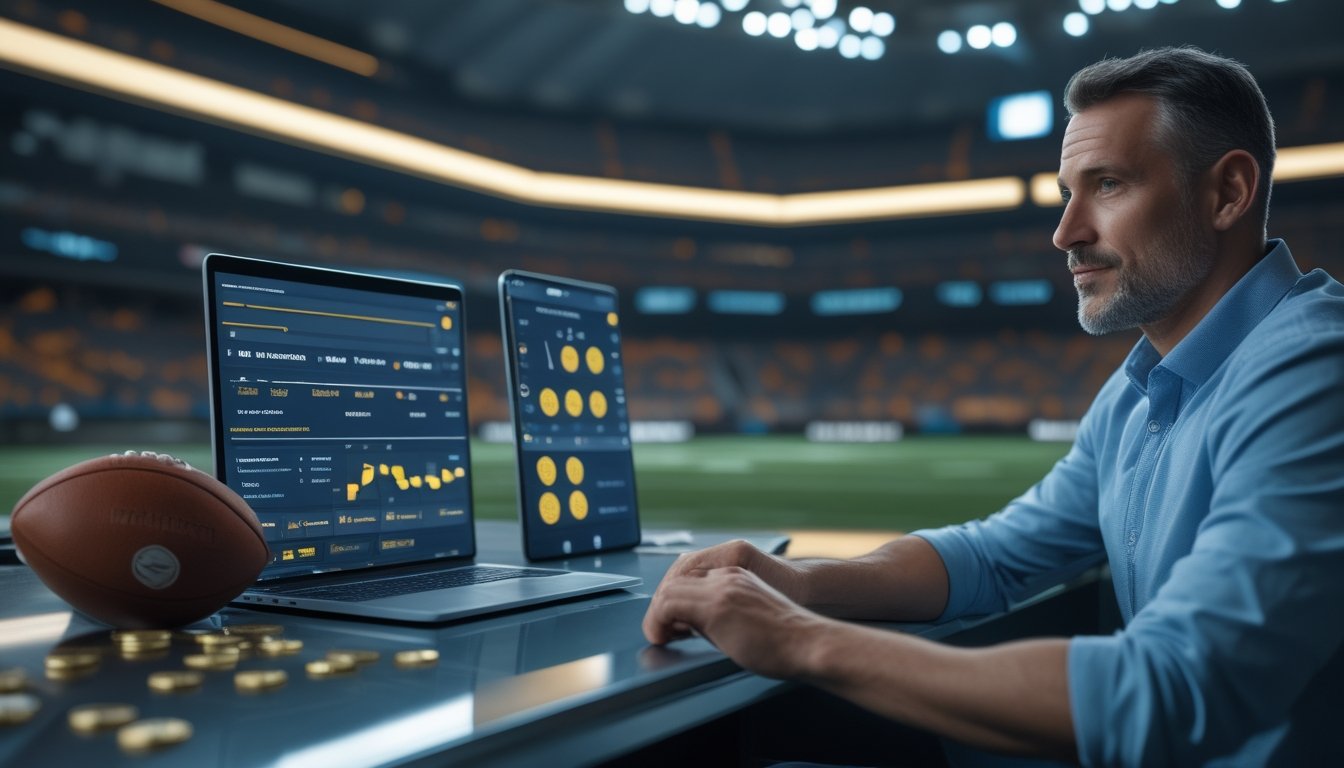 Seseorang meninjau analisis pertandingan sepak bola pada laptop dan ponsel di meja dengan bola sepak serta suasana stadion di latar belakang.